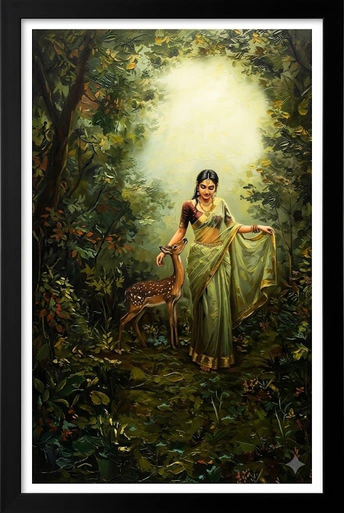 Elegant Woman with Deer Forest Wall Frame